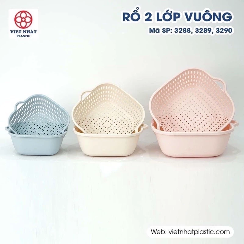 BỘ RỔ VUÔNG KÈM CHẬU VIỆT NHẬT 3288/3289/3290, BỘ RỔ THAU 2 LƠP 3 MÓN