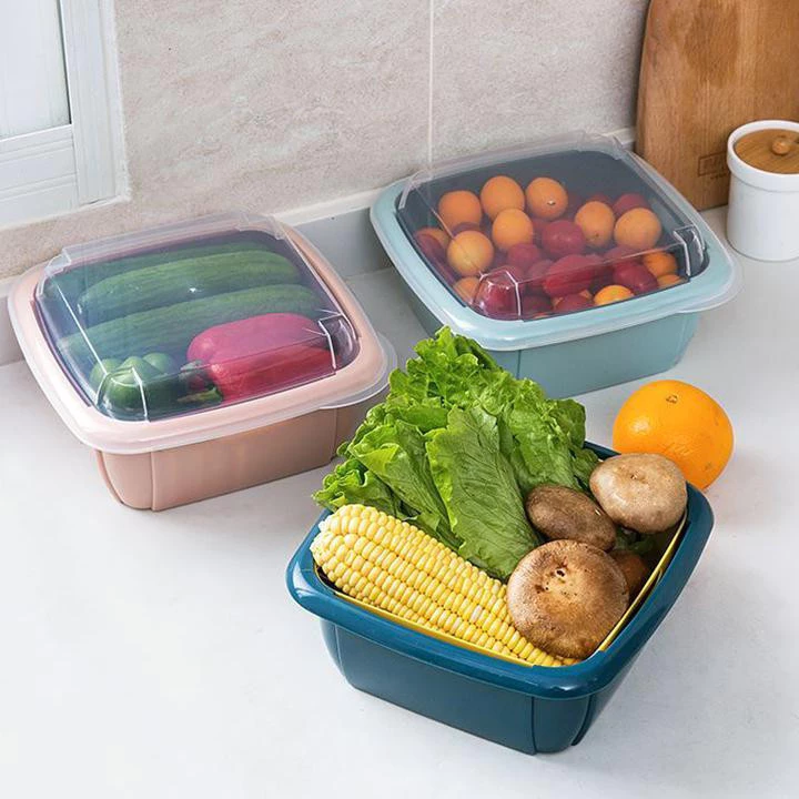 Bộ Rổ Vuông Kèm Thau Có Nắp Đậy 3in1 Đựng Hoa Quả, Rau Củ Giúp Ráo Nước Chất Liệu Nhựa PP