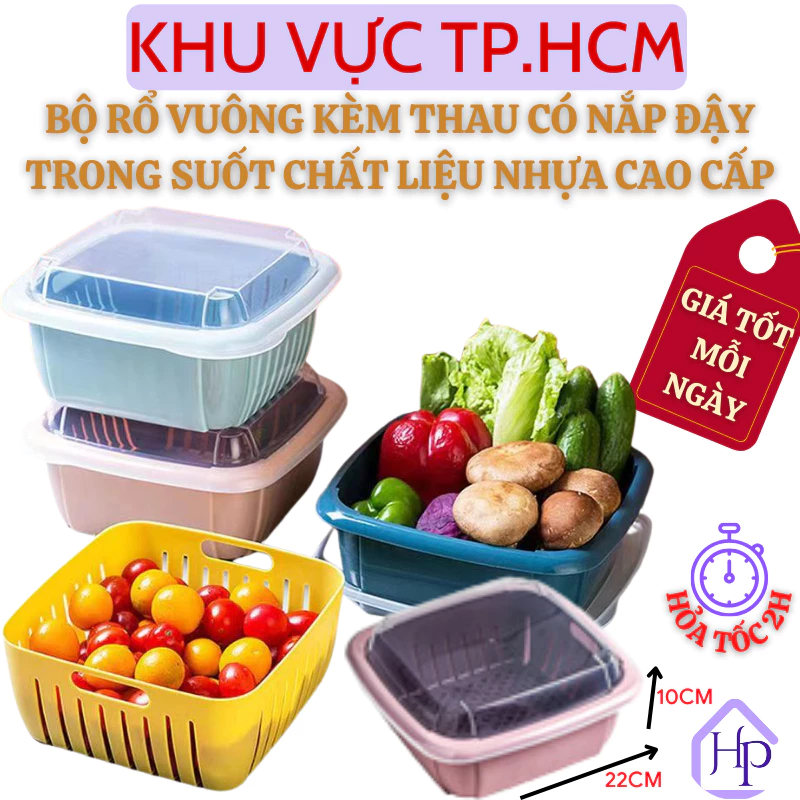 Bộ Rổ Vuông Kèm Thau Có Nắp Đậy 3in1 Đựng Hoa Quả, Rau Củ Giúp Ráo Nước Chất Liệu Nhựa PP - 6