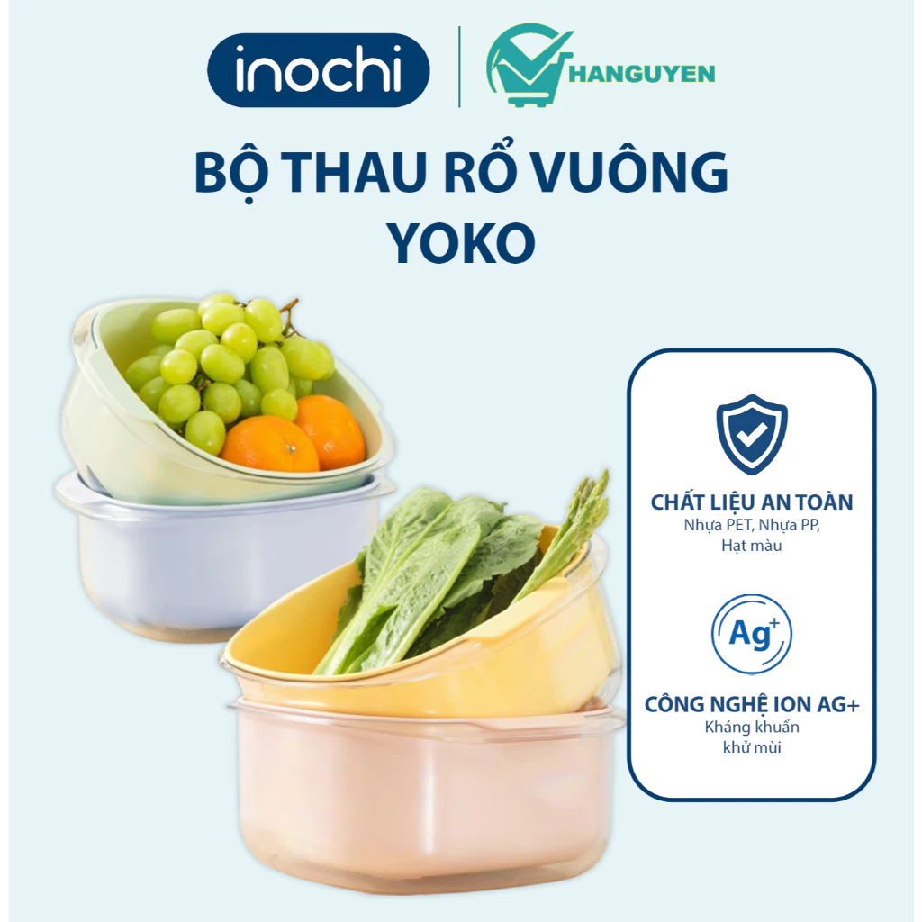 Bộ thau rổ vuông Yoko Inochi – hai lớp tiện dụng, đựng trái cây rau củ, nhựa cao cấp siêu bền đẹp