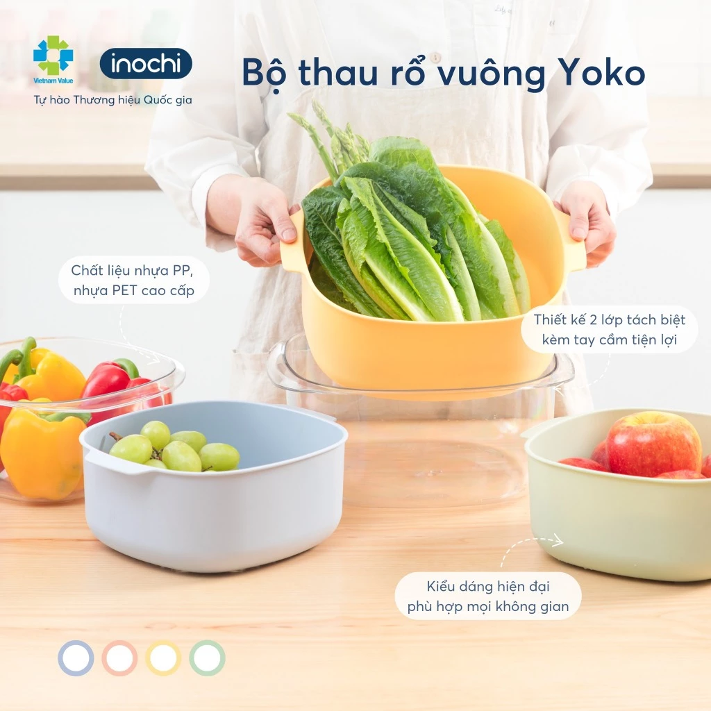 Bộ thau rổ vuông Yoko Inochi – hai lớp tiện dụng, đựng trái cây rau củ, nhựa cao cấp siêu bền đẹp - 3