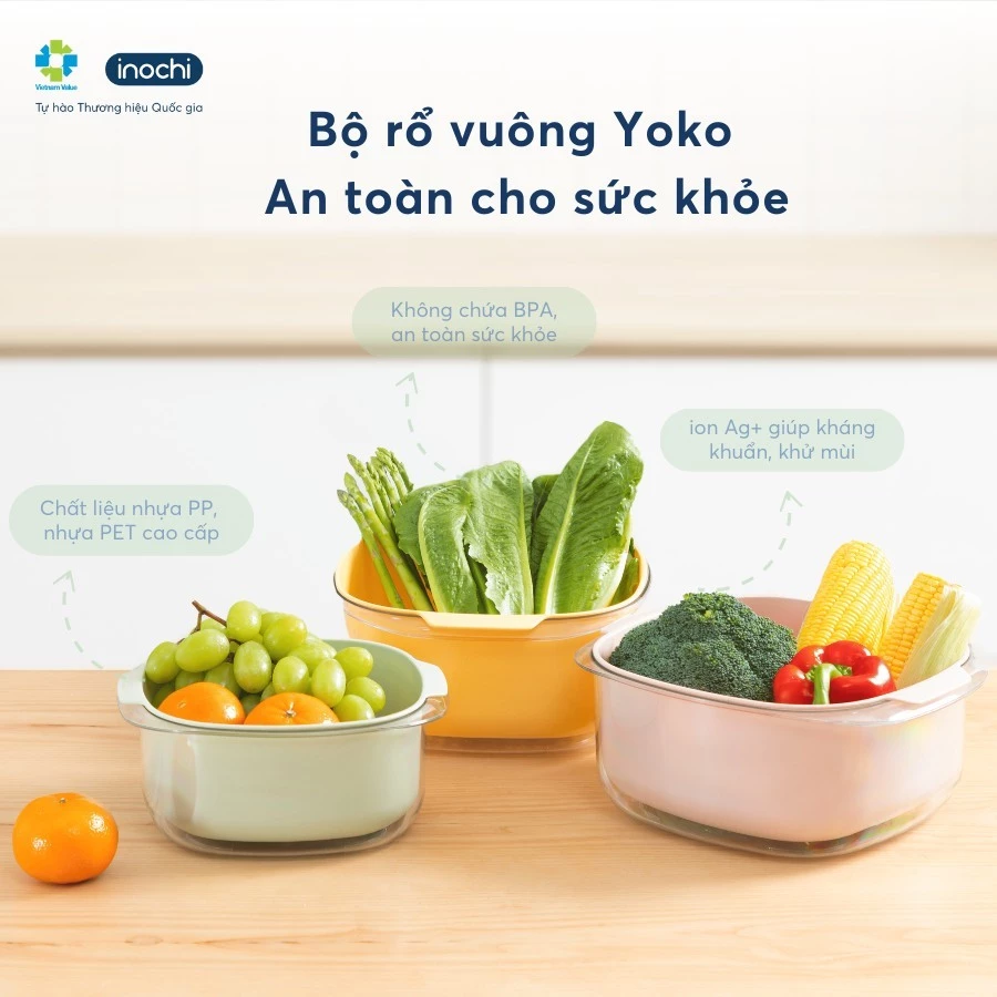 Bộ thau rổ vuông Yoko Inochi – hai lớp tiện dụng, đựng trái cây rau củ, nhựa cao cấp siêu bền đẹp - 4