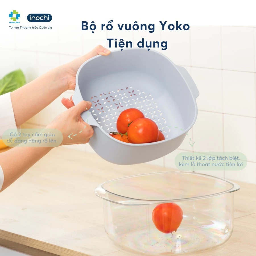 Bộ thau rổ vuông Yoko Inochi – hai lớp tiện dụng, đựng trái cây rau củ, nhựa cao cấp siêu bền đẹp - 5