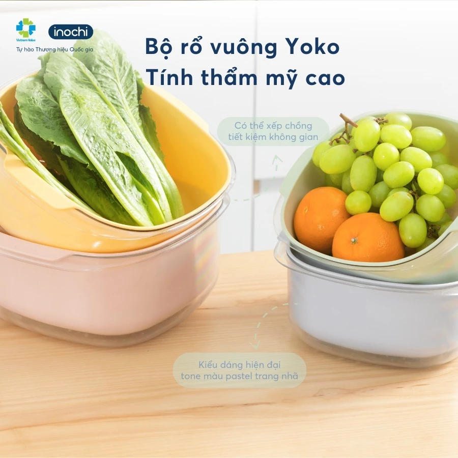 Bộ thau rổ vuông Yoko Inochi – hai lớp tiện dụng, đựng trái cây rau củ, nhựa cao cấp siêu bền đẹp - 6