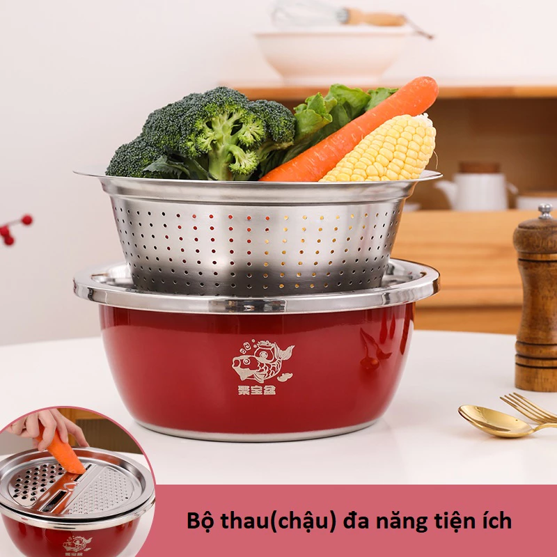 Bộ Thau (chậu) Inox -3 Món Gồm Thau size 26cm +Rổ Và Vỉ Bào Rau Củ Dày Đẹp Chắc Tiện Lợi. - 3