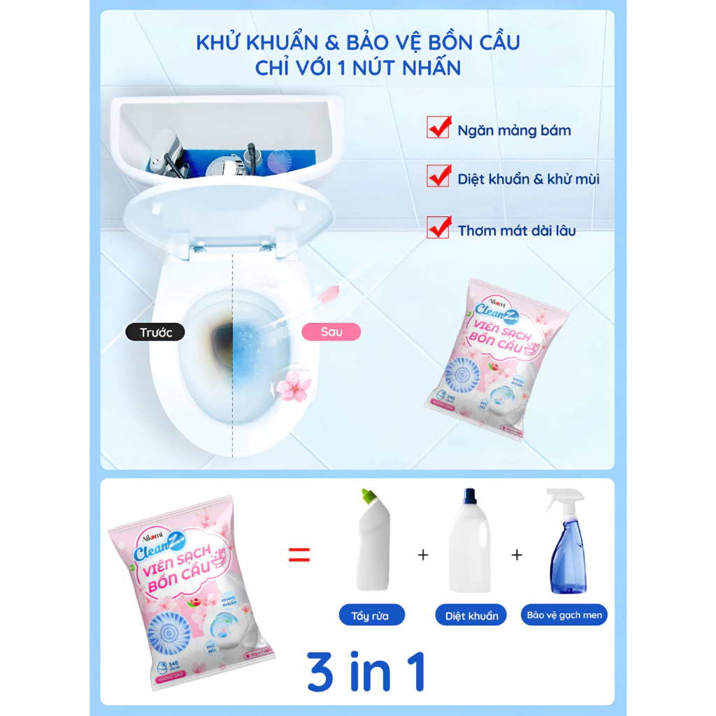 Combo 10 Viên thả bồn cầu 3in1 CleanZ, Viên tẩy rửa bồn cầu, bồn nhà vệ sinh khử mùi, sạch mảng bám (Hương Đào) - 2