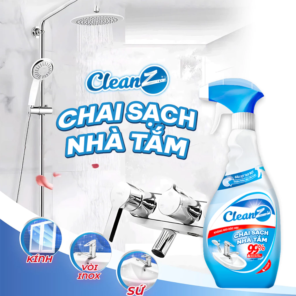 Chai xịt sạch nhà tắm CleanZ, loại bỏ cặn canxi, chống ăn mòn Inox vệ sinh vòi rửa, vòi sen, vách kính, gương nhà tắm - 2