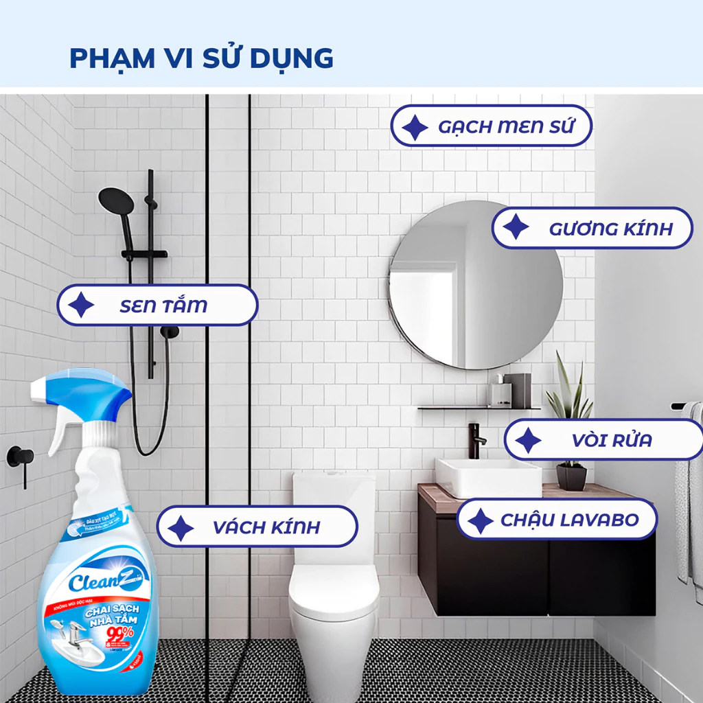 Chai xịt sạch nhà tắm CleanZ, loại bỏ cặn canxi, chống ăn mòn Inox vệ sinh vòi rửa, vòi sen, vách kính, gương nhà tắm - 3