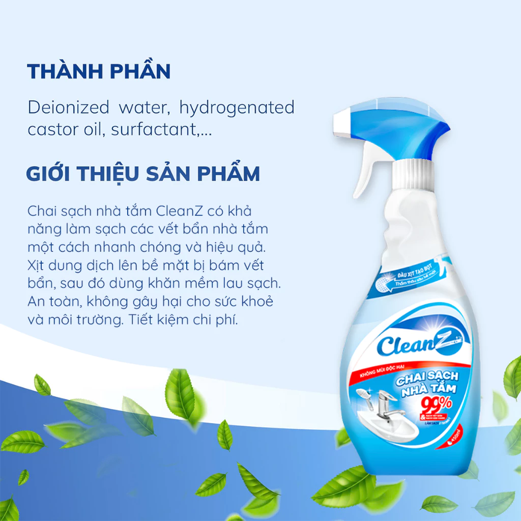 Chai xịt sạch nhà tắm CleanZ, loại bỏ cặn canxi, chống ăn mòn Inox vệ sinh vòi rửa, vòi sen, vách kính, gương nhà tắm - 4