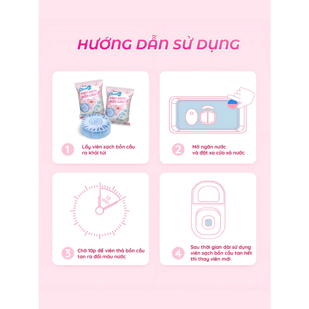Viên thả bồn cầu 3in1 CleanZ, Viên tẩy rửa bồn cầu, bồn nhà vệ sinh khử mùi, sạch mảng bám (Hương Đào) - 4