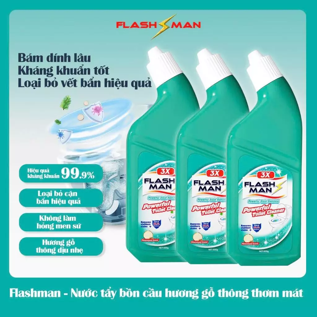 [COMBO 3 CHAI] Nước Tẩy Bồn Cầu Flashman 500g – Diệt Khuẩn 99.9% – Khử Mùi, Tẩy Sạch Vết Bẩn