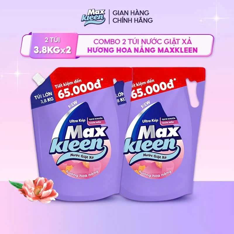 Combo 2 Túi Nước Giặt Xả MaxKleen Hương Nước Hoa Huyền Diệu và Hoa Nắng 3.8kg/Túi