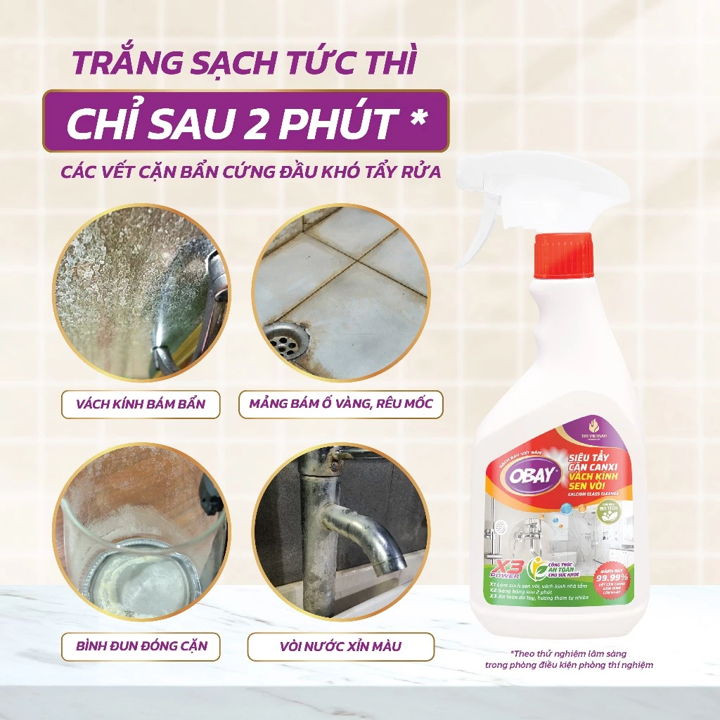 Tẩy Cặn Canxi Obay Xịt Tẩy Cặn Canxi Nhà Tắm Vách Kính Vòi Sen Bồn Rửa Nhà Vệ Sinh Gương Kính 450ML - 2