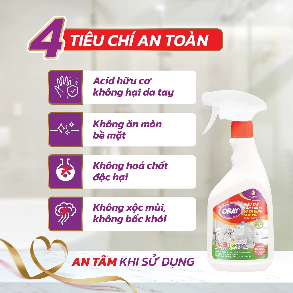 Tẩy Cặn Canxi Obay Xịt Tẩy Cặn Canxi Nhà Tắm Vách Kính Vòi Sen Bồn Rửa Nhà Vệ Sinh Gương Kính 450ML - 3