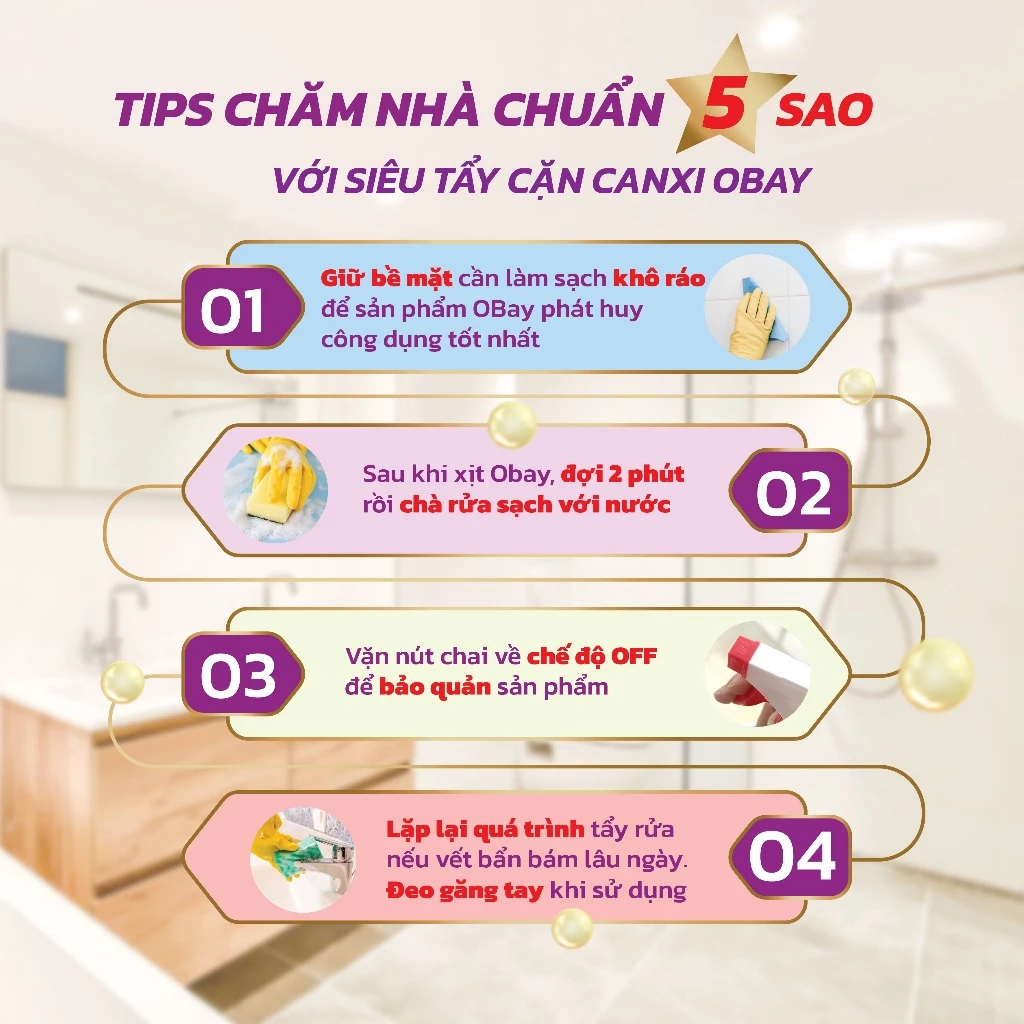 Tẩy Cặn Canxi Obay Xịt Tẩy Cặn Canxi Nhà Tắm Vách Kính Vòi Sen Bồn Rửa Nhà Vệ Sinh Gương Kính 450ML - 4