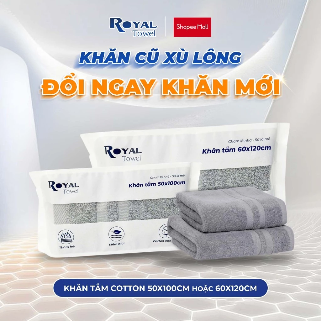 Khăn Tắm Royal Towel 50x100cm, 60x120cm 100% Cotton Mềm Mại, Thấm Hút, Kháng Khuẩn