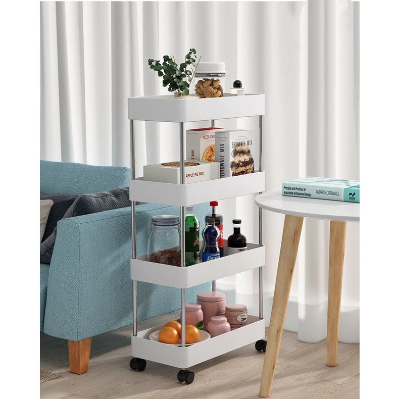 Kệ đựng đồ đa năng 4 tầng có bánh xe đẩy chuyên dụng cho spa, phòng tắm, bếp chất liệu inox cao cấp