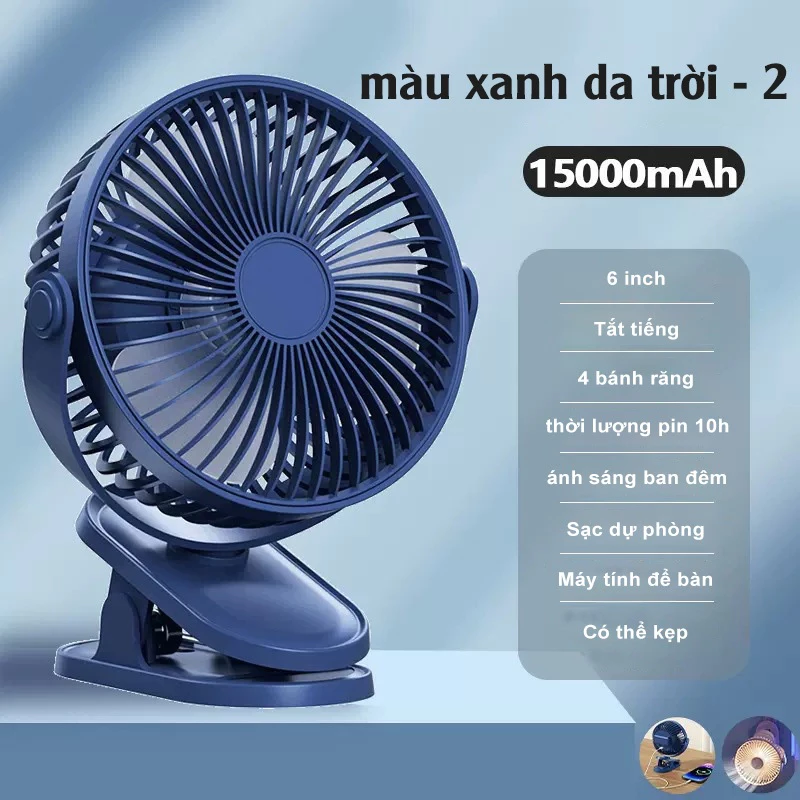 Quạt Mini Tích Hợp Đèn Ngủ Cao Cấp, Quạt kẹp Bàn Tích Điện Pin 15000 mAh - 2