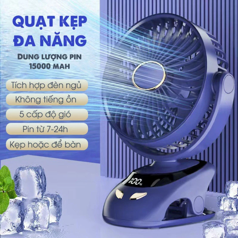 Quạt Mini Tích Hợp Đèn Ngủ Cao Cấp, Quạt kẹp Bàn Tích Điện Pin 15000 mAh - 3