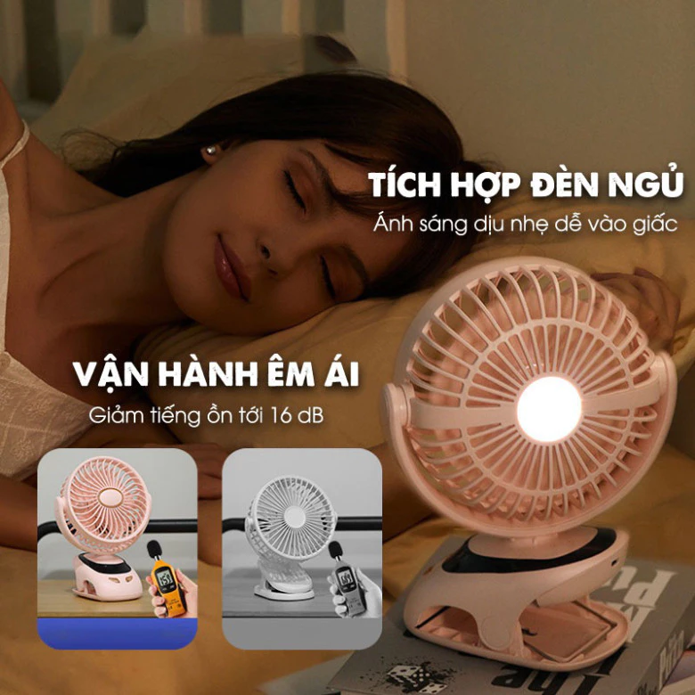Quạt Mini Tích Hợp Đèn Ngủ Cao Cấp, Quạt kẹp Bàn Tích Điện Pin 15000 mAh - 5