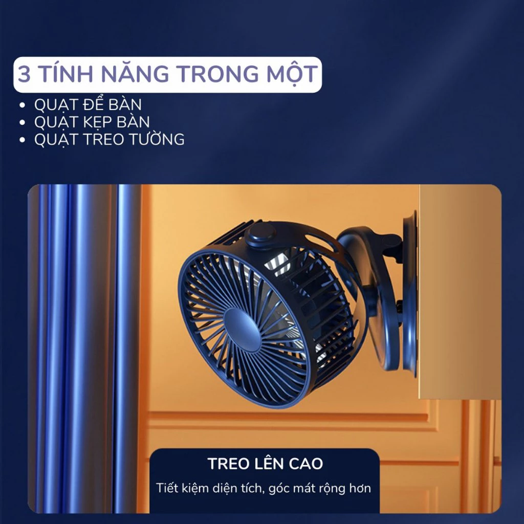 Quạt Tích Điện Mini Kẹp Bàn Văn Phòng, Đèn LED, Pin Trâu Cao Cấp – Quạt Để Bàn Tiện Dụng Sạc Type-C - 6