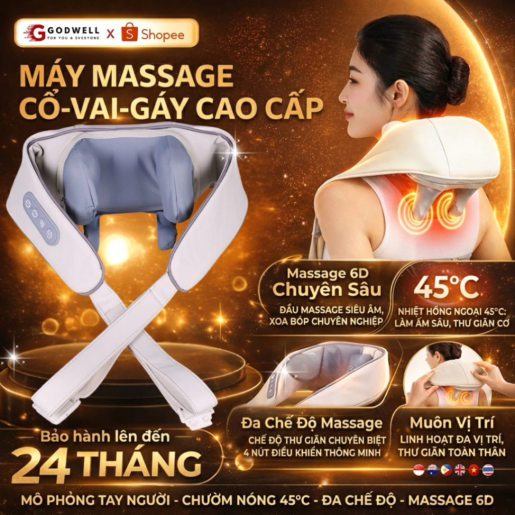 Máy Massage Cổ Vai Gáy 6D GODWELL, Gối Chườm Ấm 6 Đầu Massage, Giảm Đau Mỏi Vai Gáy Cho Người Lớn