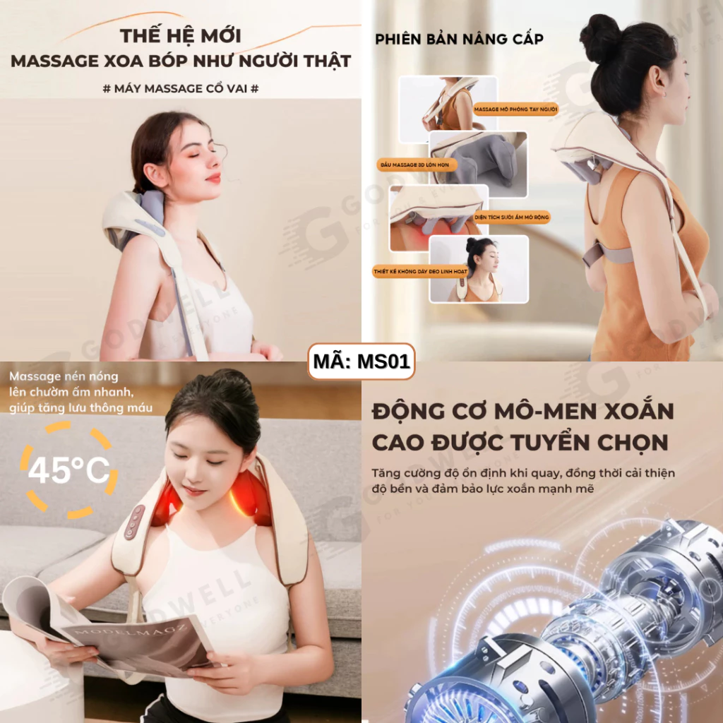 Máy Massage Cổ Vai Gáy 6D GODWELL, Gối Chườm Ấm 6 Đầu Massage, Giảm Đau Mỏi Vai Gáy Cho Người Lớn - 4