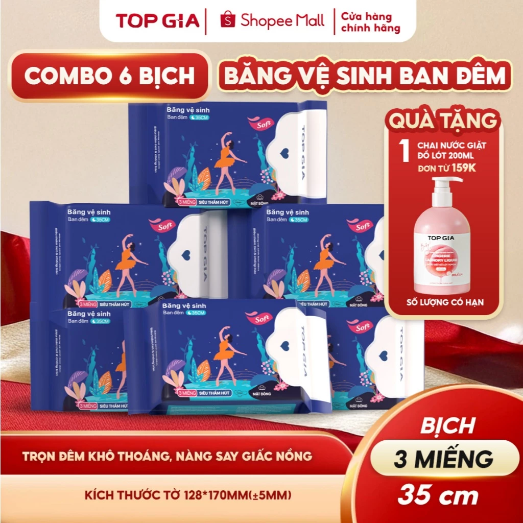Băng vệ sinh ban đêm Topgia 35cm siêu thấm hút vải không dệt êm ái giảm trào ngược