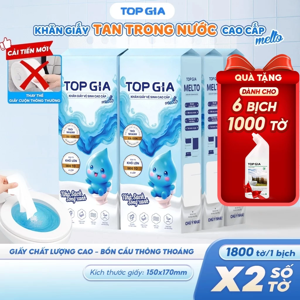 Giấy vệ sinh treo tường Top Gia Melto dễ tan trong nước, an toàn cho da, 1800 tờ/4 lớp