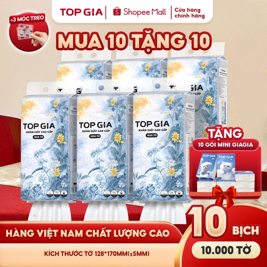 (MUA 10 TẶNG 10 GÓI MINI) Thùng 10 bịch khăn giấy rút Mộc an TopGia 1000 tờ 4 lớp dày dặn, hàng Việt Nam (bao bì mới)