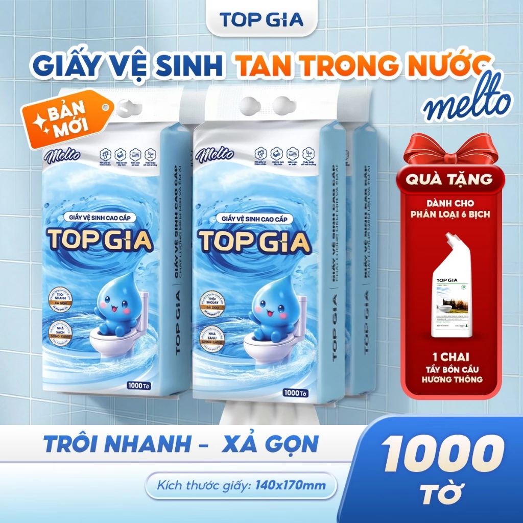 (TẶNG 1 CHAI TẨY BỒN CẦU) Giấy vệ sinh treo tường TopGia Melto tan trong nước, mềm mịn tiện lợi 1000 Tờ/4 Lớp