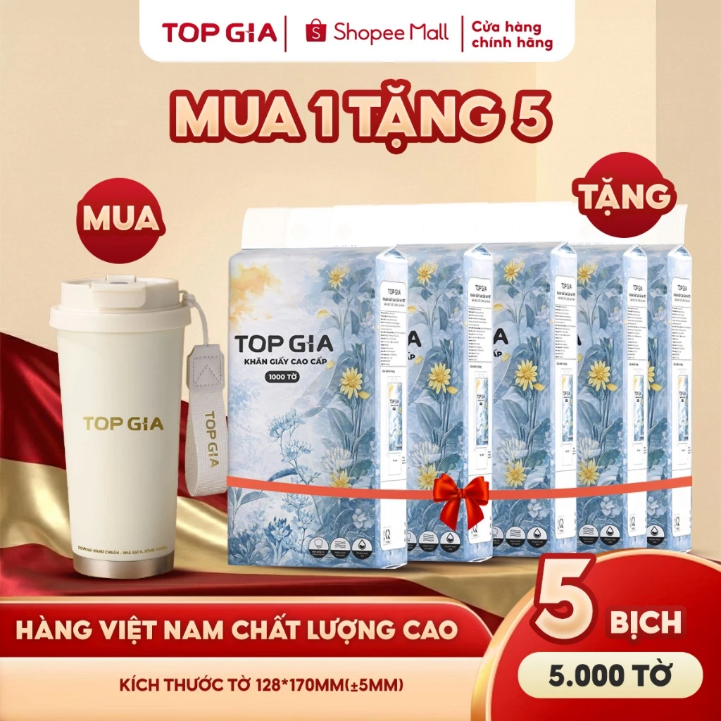 (MUA 1 TẶNG 5) Mua bình giữ nhiệt Topgia tặng 5 bịch khăn giấy rút đáy mộc an 1000 tờ 4 lớp, hàng Việt Nam