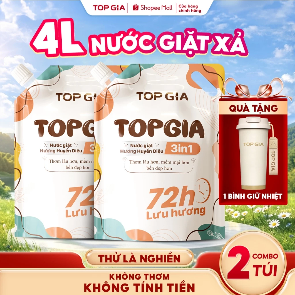[COMBO QUÀ TẶNG] Nước Giặt Xả TopGia 3in1 Hương Huyền Diệu Lưu Hương 72H, Dịu Nhẹ, An Toàn Cho Da