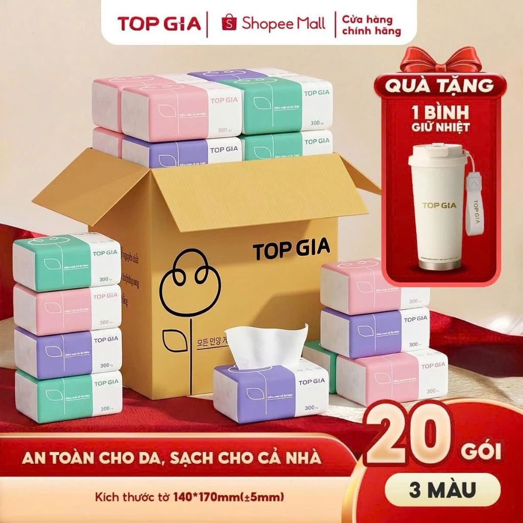(MUA 1 TẶNG 1) Thùng 20 gói giấy ăn rút Topgia ba màu 4 lớp, mềm mịn tặng một bình giữ nhiệt cao cấp