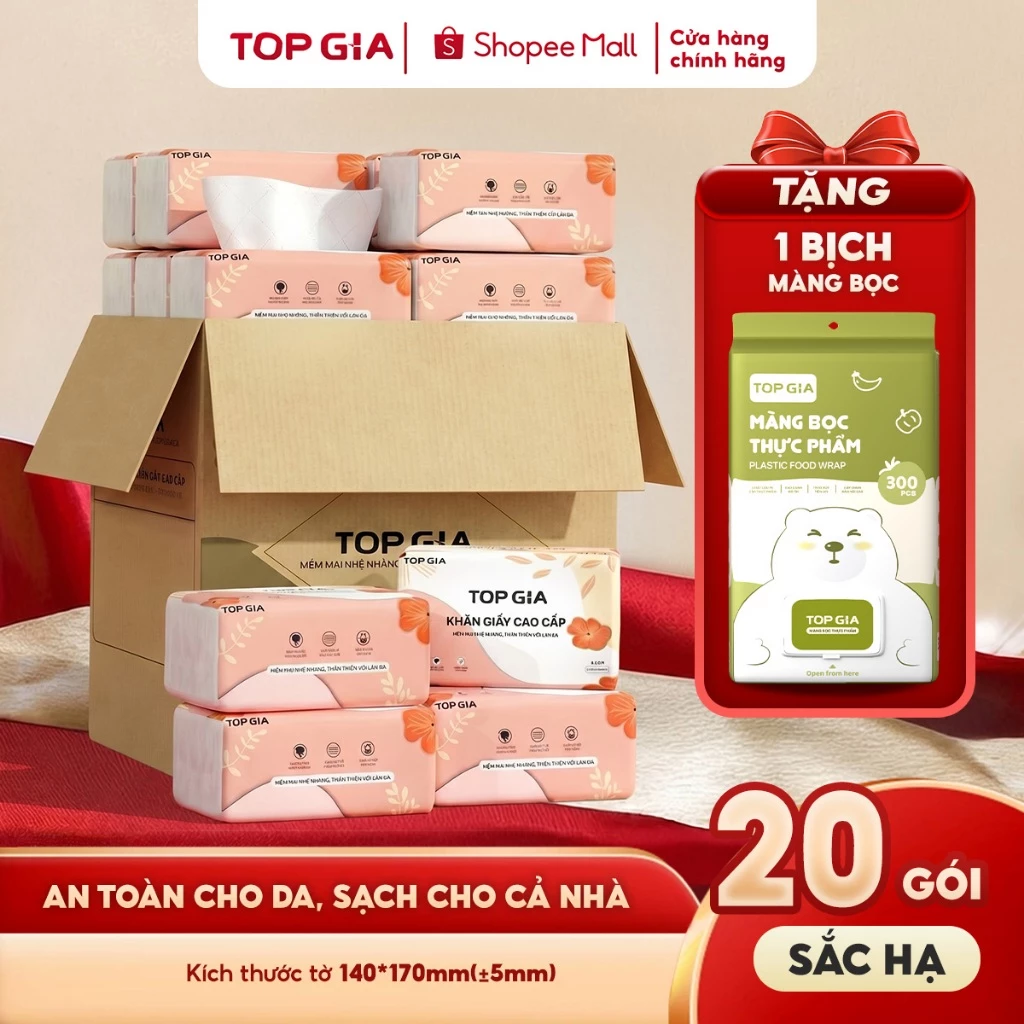 (MUA 1 TẶNG 1) Thùng 20 gói giấy ăn TopGia Sắc Hạ mềm mịn siêu dai tặng 1 bịch màng bọc thực phẩm