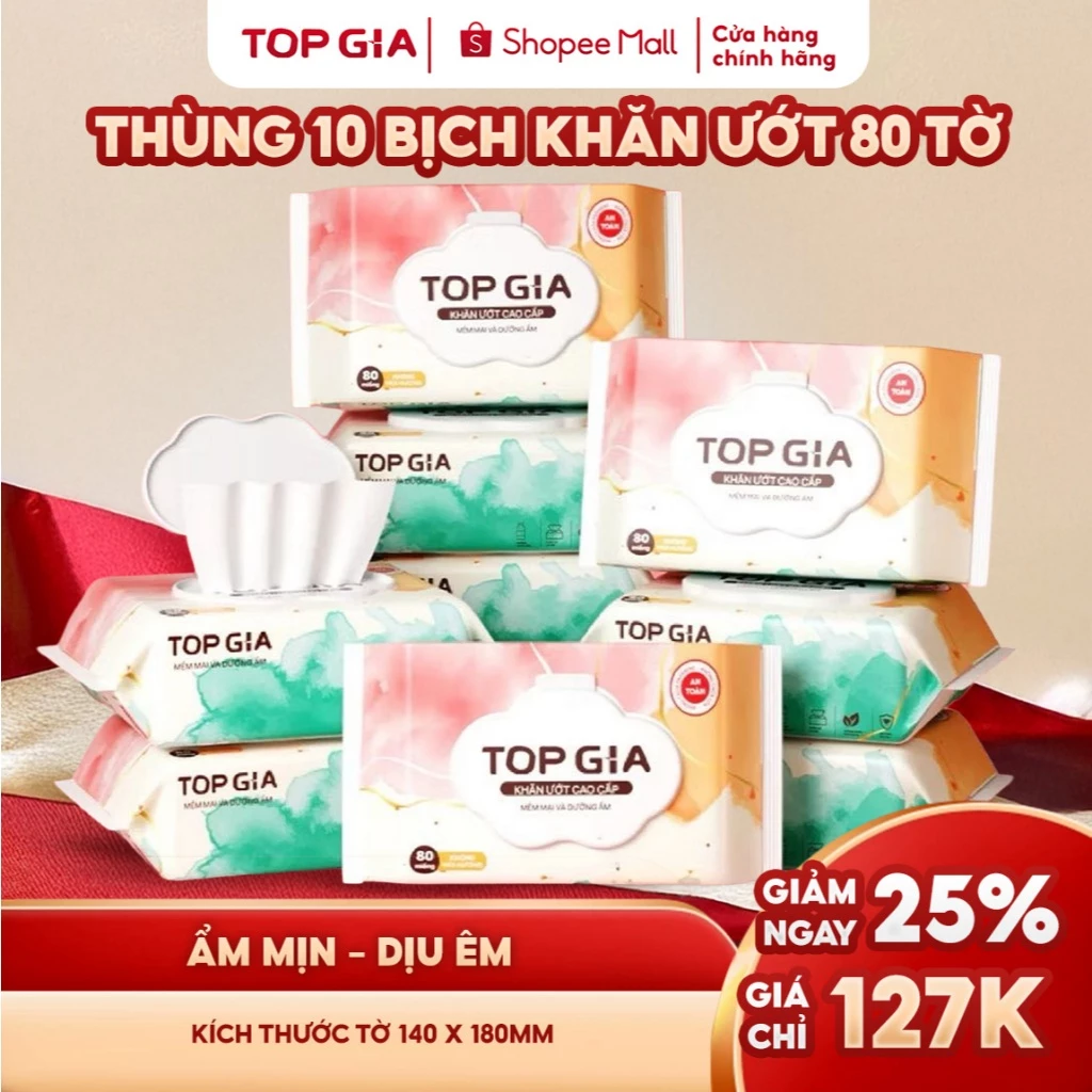 Thùng khăn ướt Topgia 80 tờ không cồn không parabens cao cấp dành cho mẹ và bé