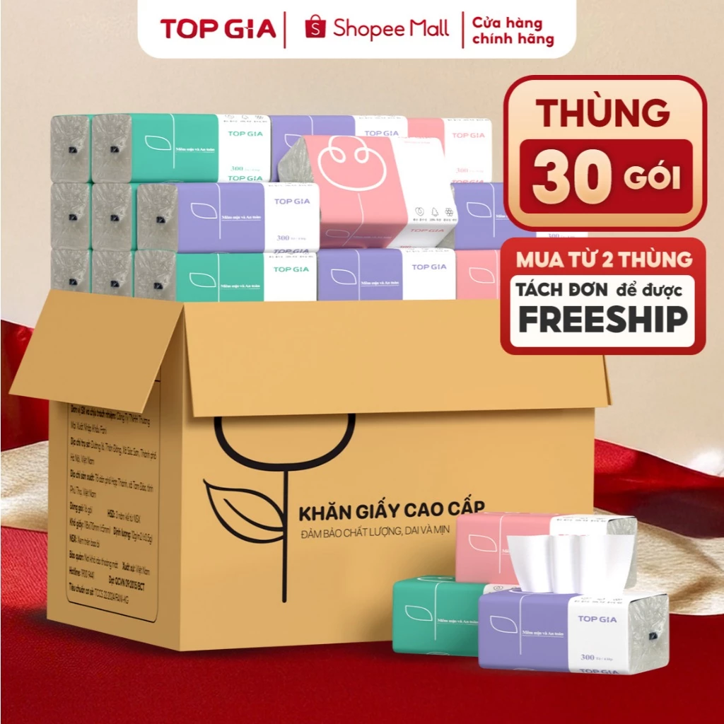 Thùng 40 gói Khăn giấy rút TopGia 3 màu siêu tiết kiệm, mềm mịn an toàn cho mọi loại da, thùng 16g, 30g, 20g, 24g