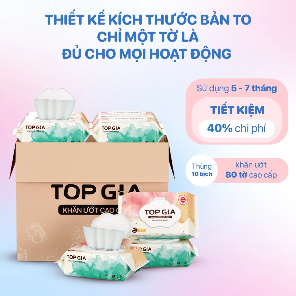 Khăn ướt Topgia cao cấp mềm mại không cồn không parabens, an toàn cho bé