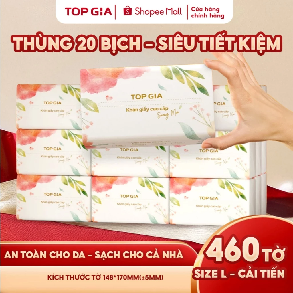 Giấy ăn rút Topgia sương mai 460 tờ 4 lớp dập vân 4D chắc chắn mềm mịn, an toàn, thùng 10/20 gói
