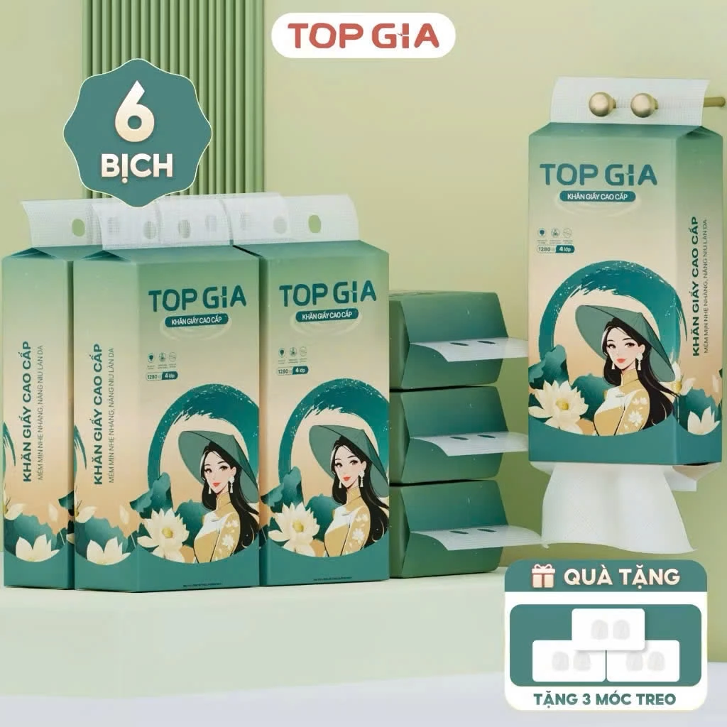 Khăn giấy rút treo tường TopGia Sắc Việt 1280 tờ, giấy vệ sinh dành cho gia đình Việt, tặng móc treo