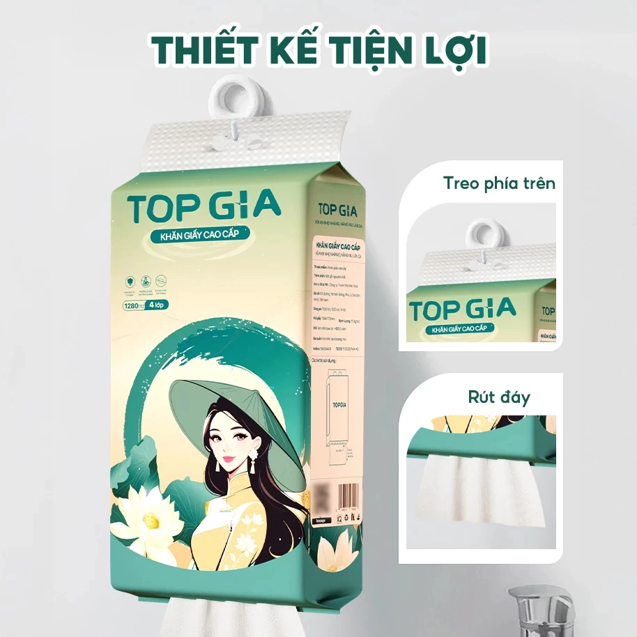 Khăn giấy rút treo tường TopGia Sắc Việt 1280 tờ, giấy vệ sinh dành cho gia đình Việt, tặng móc treo - 5