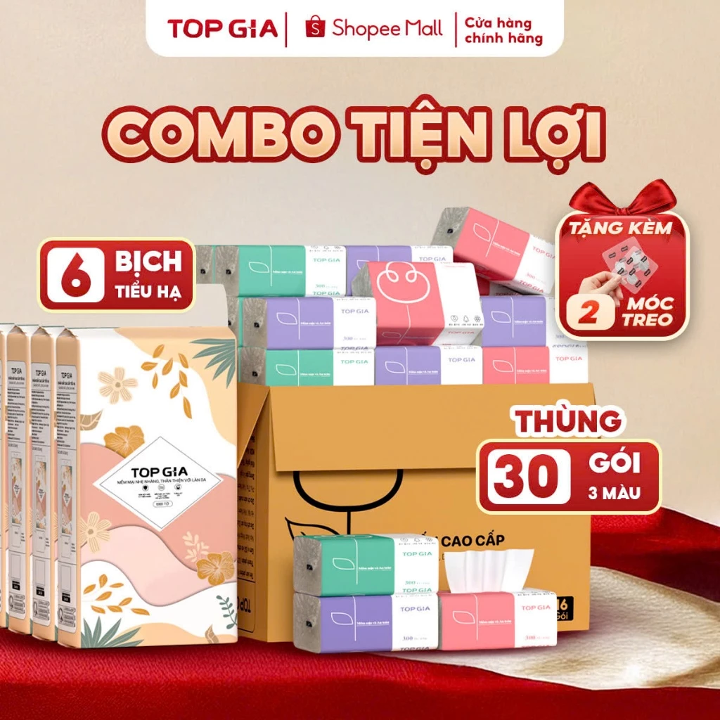 Combo thùng 30 gói giấy ăn 3 màu và thùng 6 bịch rút đáy tiểu hạ Topgia, tiết kiệm, tiện lợi