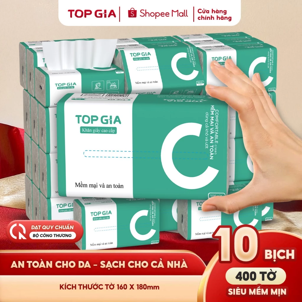 [BAO BÌ MỚI] Thùng 20 gói giấy chữ C Topgia 400 tờ 4 lớp cao cấp mềm mịn, giấy siêu to an toàn cho da