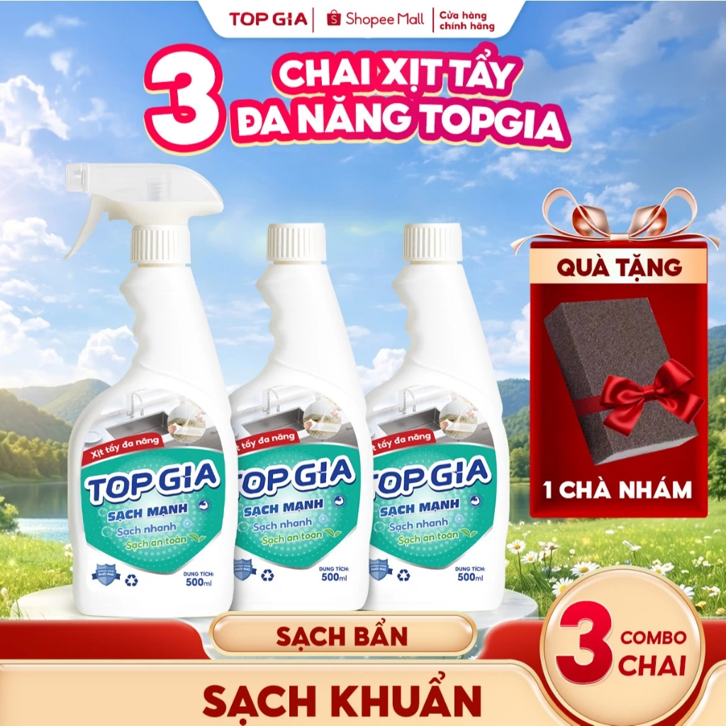 Combo 3 Chai Xịt Tẩy Đa Năng TOPGIA 500ml Sạch Mọi Vết Bẩn, Vết Ố Vàng, Đánh Bay Dầu Mỡ