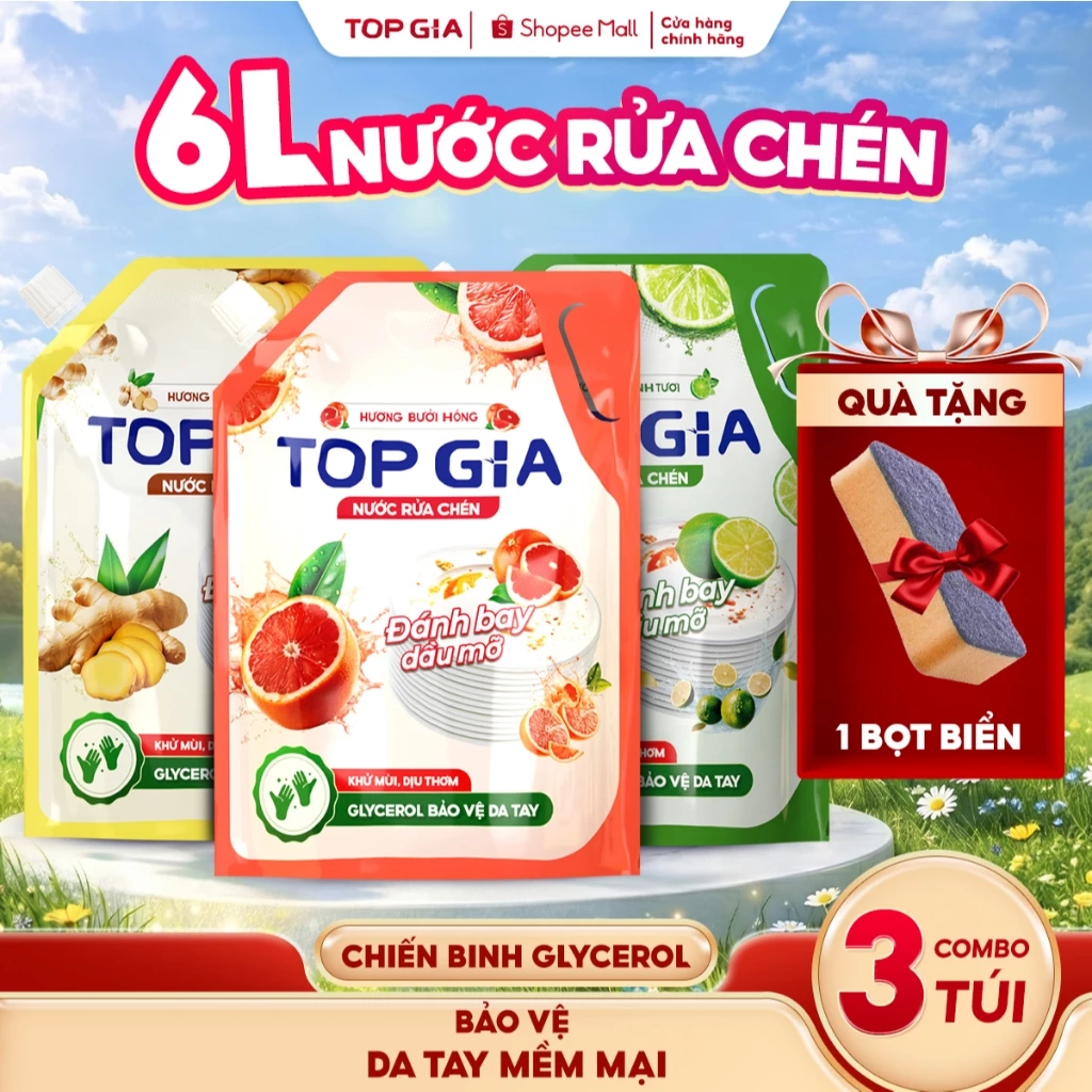 Nước Rửa Chén Bát TOPGIA Hương Thiên Nhiên, Dung Tích 2L Chứa Glycerol An Toàn Cho Da Tay