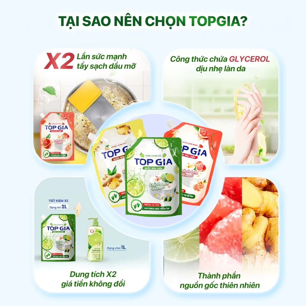 Nước Rửa Chén Bát TOPGIA Hương Thiên Nhiên, Dung Tích 2L Chứa Glycerol An Toàn Cho Da Tay - 3