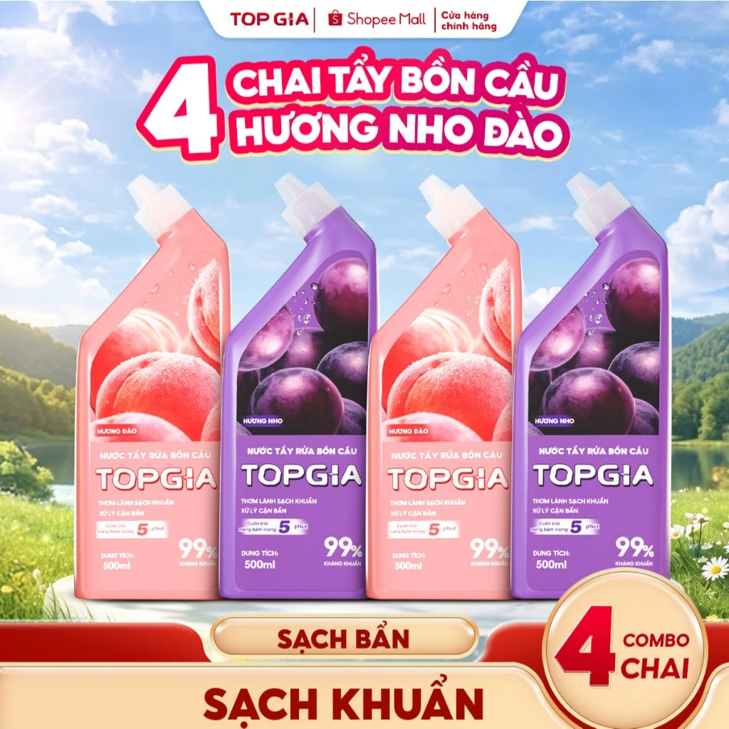 Combo 4 Chai Tẩy Bồn Cầu TOPGIA Hương Nho Đào Dịu Nhẹ, Dung Tích 500ml, An Toàn Không Hư Hại Men Sứ