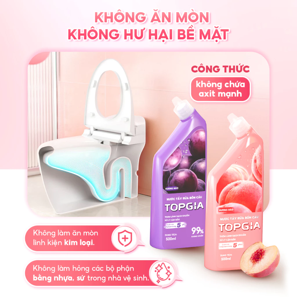 Combo 4 Chai Tẩy Bồn Cầu TOPGIA Hương Nho Đào Dịu Nhẹ, Dung Tích 500ml, An Toàn Không Hư Hại Men Sứ - 5