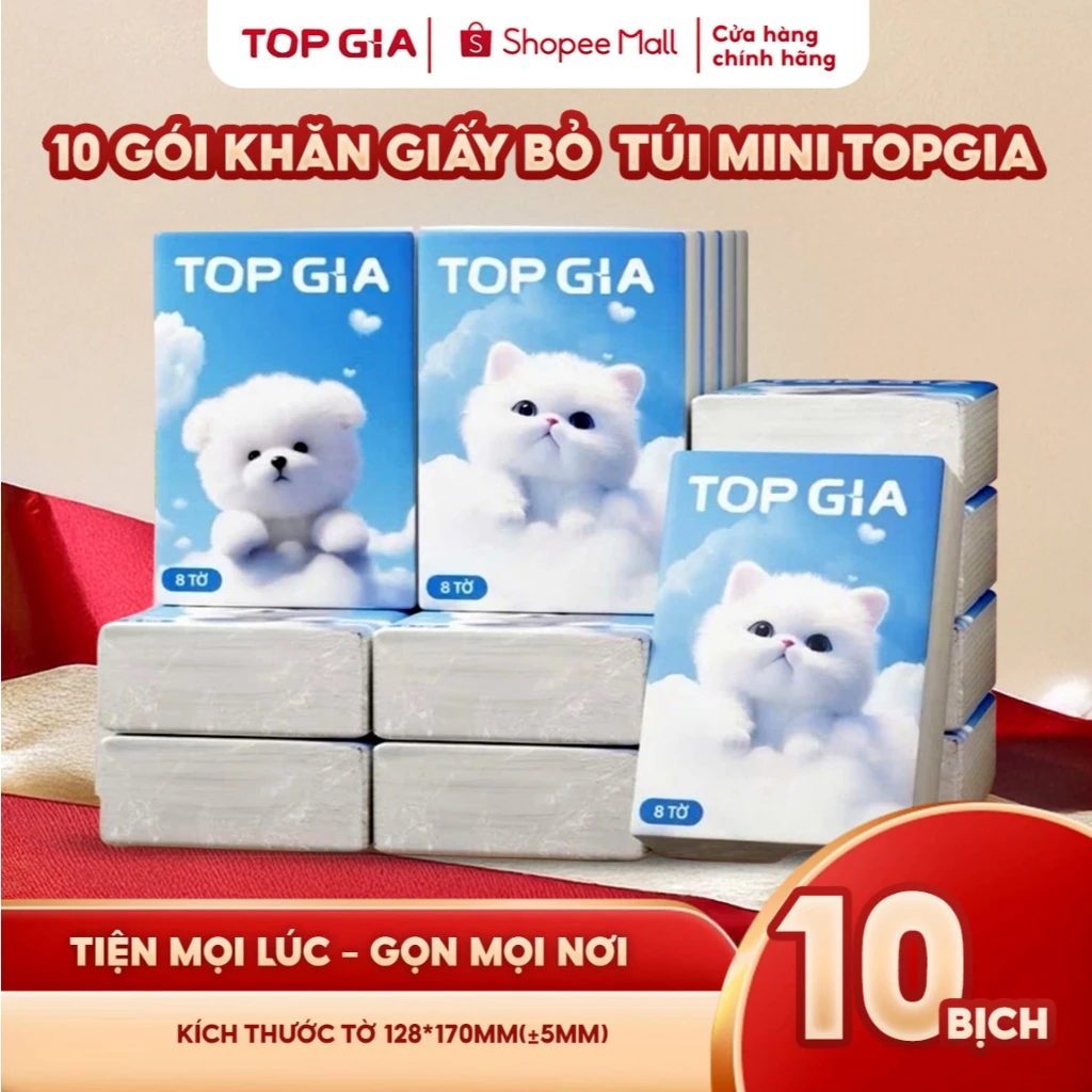 Khăn giấy bỏ túi Top Gia 4 lớp, 1 gói 8 tờ mềm mịn, an toàn cho mọi làn da