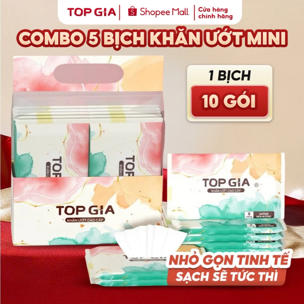 Khăn ướt mini cao cấp Topgia 1 gói 8 tờ không cồn không parabens dành cho em bé